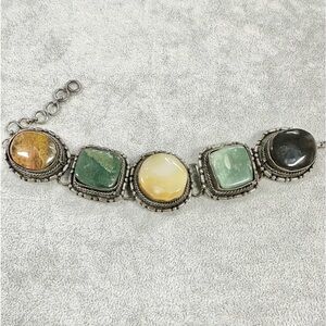 Vintage Artisan Indian Jasper Stone Silver Tone Chunky Boho Earth Tone Bracelet